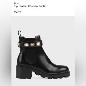 Gucci Black Leather Chelsea Combat Boots with Gold-Tone Crystal Strap